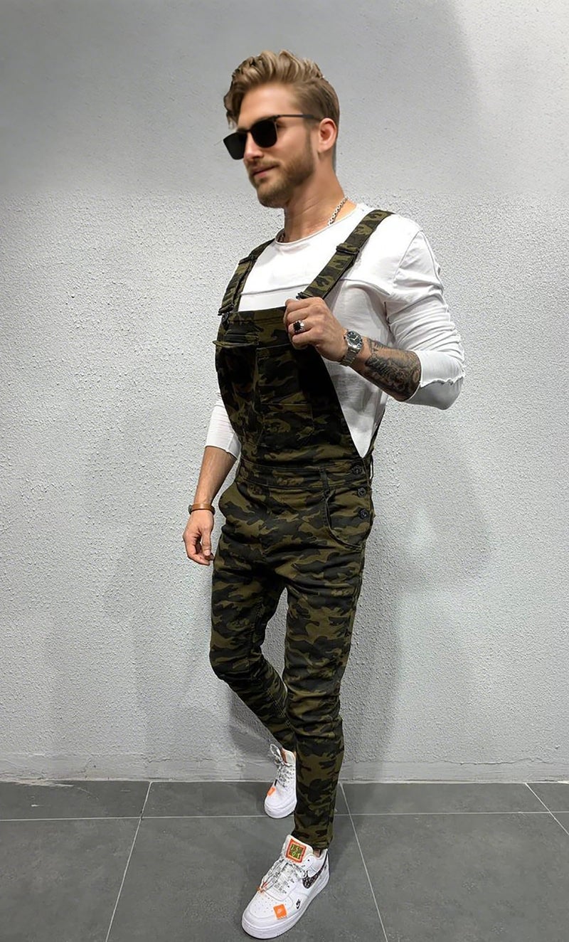 LONGBIDA Men's Denim Bib Overalls Fashion Slim Fit Jumpsuit with Pockets(Camouflage,M) - Image 5
